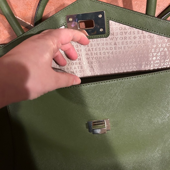 Kate Spade Olive Green Tote Bag computer bag large structured purse used - Picture 9 of 11